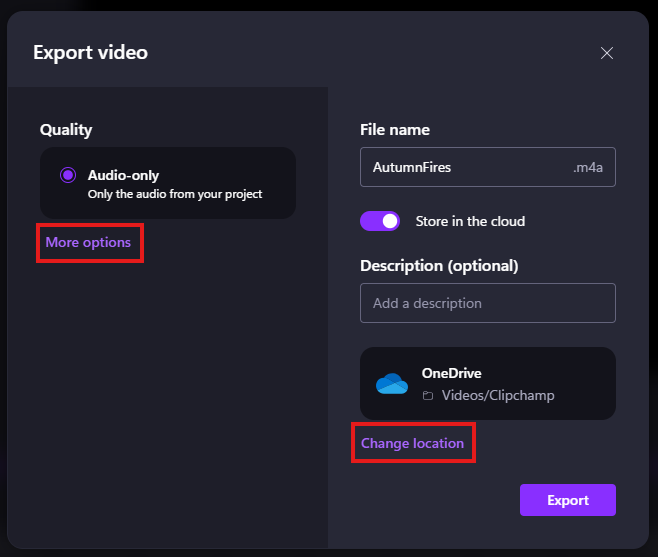 Screenshot of Climpchamp 'Export video' dialogue box, with  'More options' and 'Change location' highlighted.