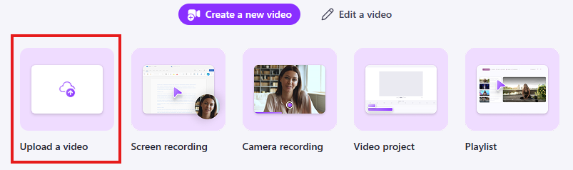 Screenshot of part of the Clipchamp home page, with the 'Upload a video' option highlighted.