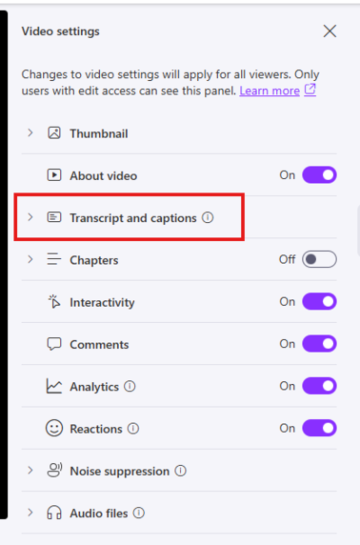 Screenshot of Clipchamp 'Video settings' pane, with 'Transcript and captions' highlighted.